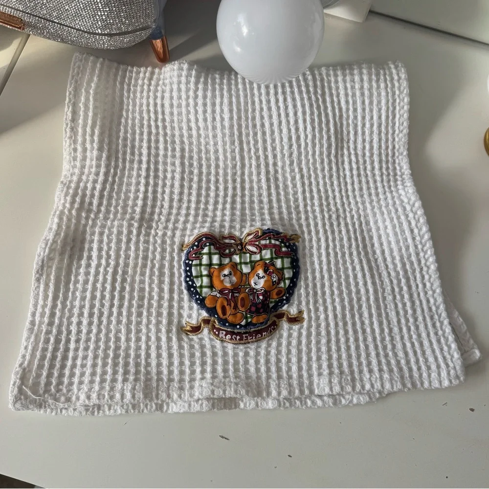 Vintage Waffle Knit Kitchen Towel White Teddy Bear “Best Friends” Appliqué